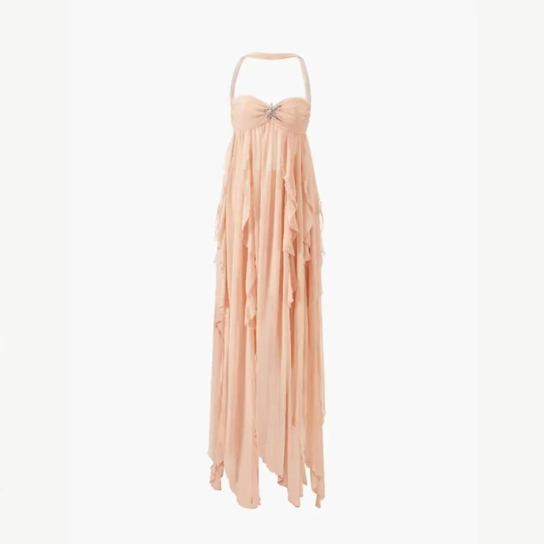 Women Halter Maxi Dress Draped Ruffle