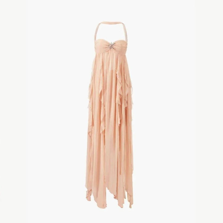 Women Halter Maxi Dress Draped Ruffle
