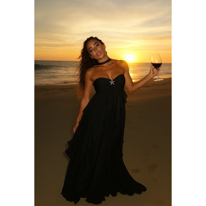 Women Halter Maxi Dress Draped Ruffle