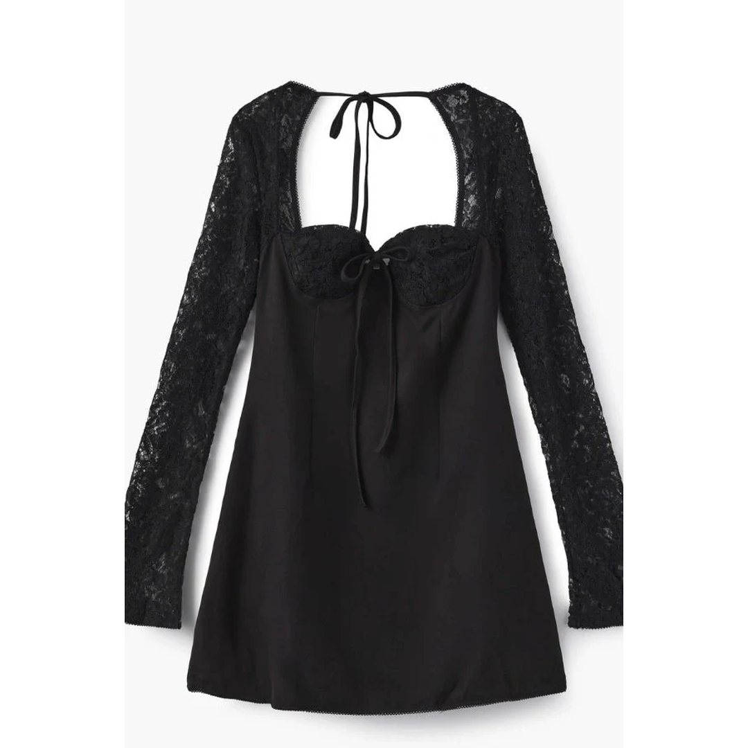 Women Long Sleeve Mini Dress Lace Sleeves Fitted