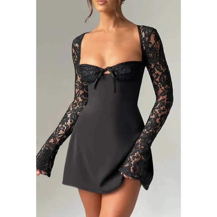 Women Long Sleeve Mini Dress Lace Sleeves Fitted