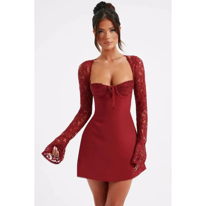 Women Long Sleeve Mini Dress Lace Sleeves Fitted