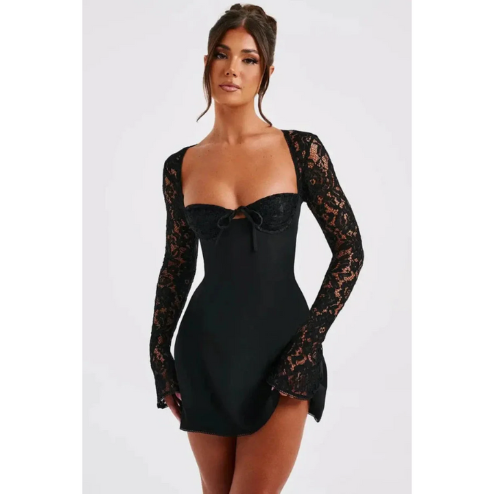 Women Long Sleeve Mini Dress Lace Sleeves Fitted