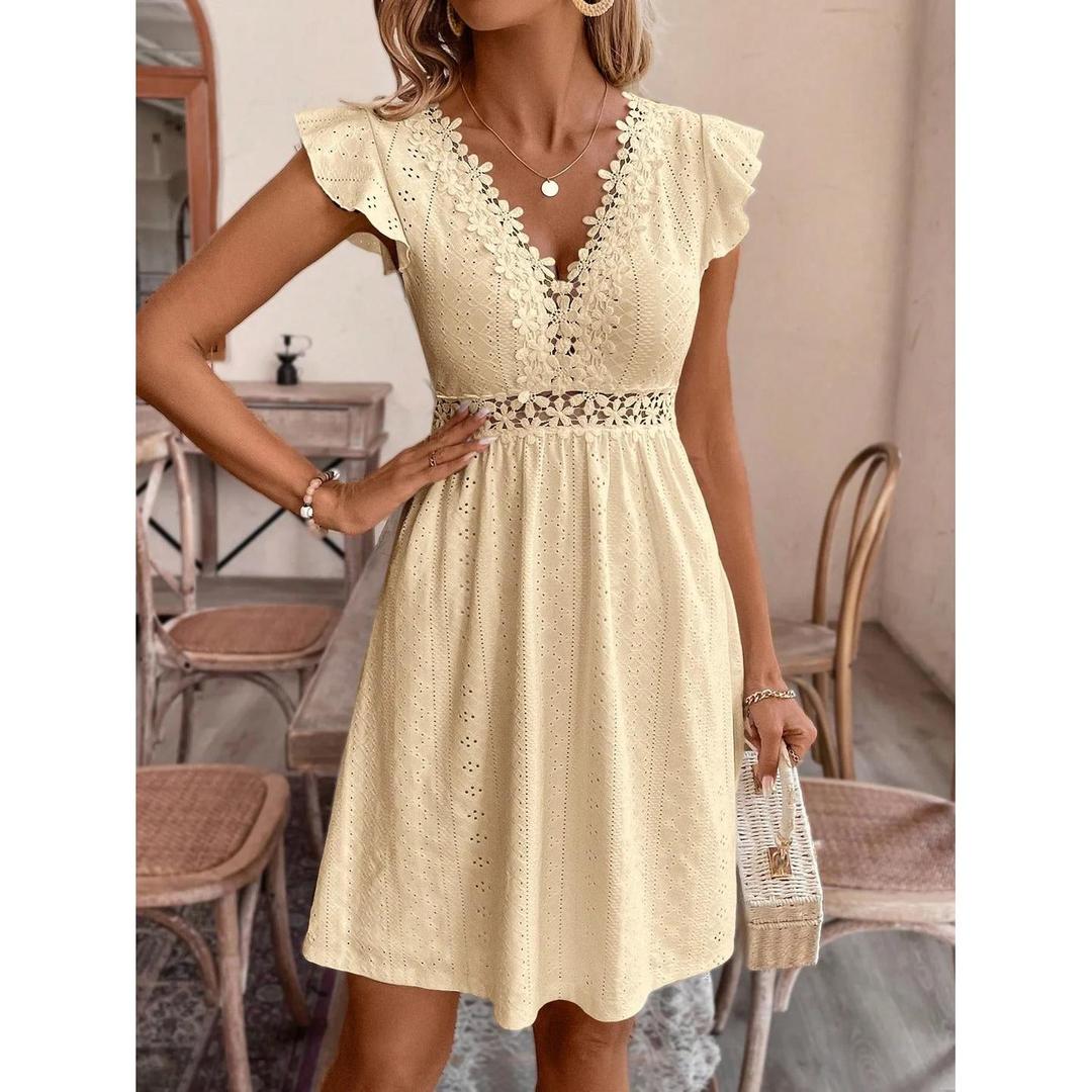 Women Midi Dress V-Neck Lace Waist Short Sleeve