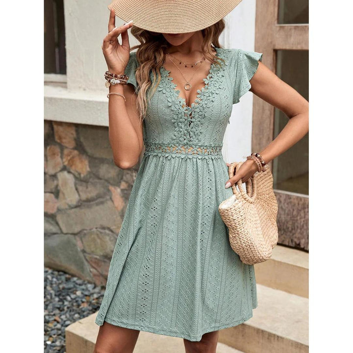 Women Midi Dress V-Neck Lace Waist Short Sleeve