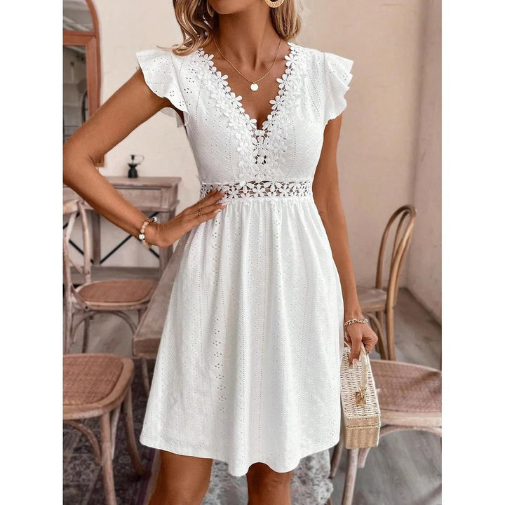 Women Midi Dress V-Neck Lace Waist Short Sleeve