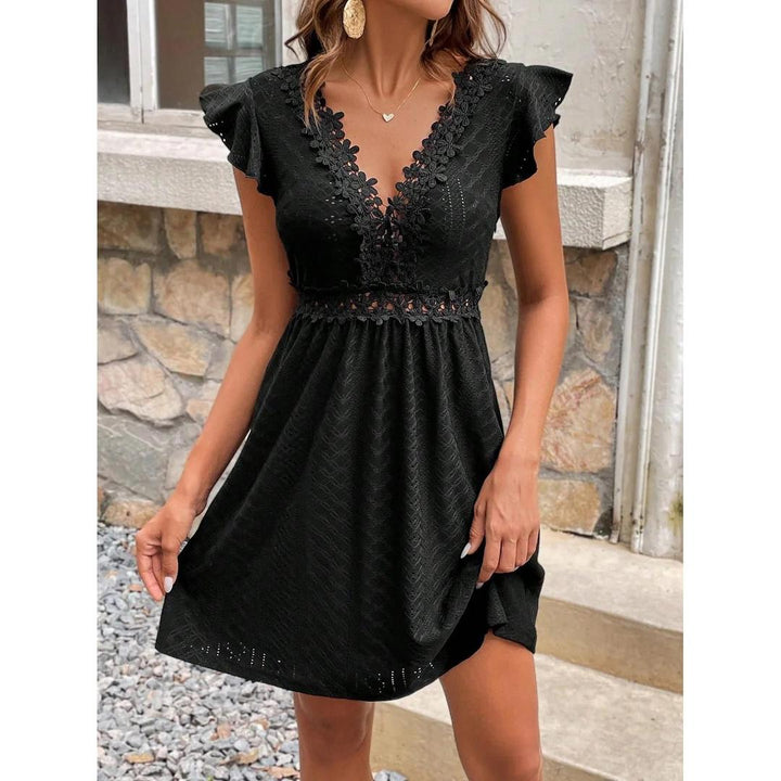 Women Midi Dress V-Neck Lace Waist Short Sleeve