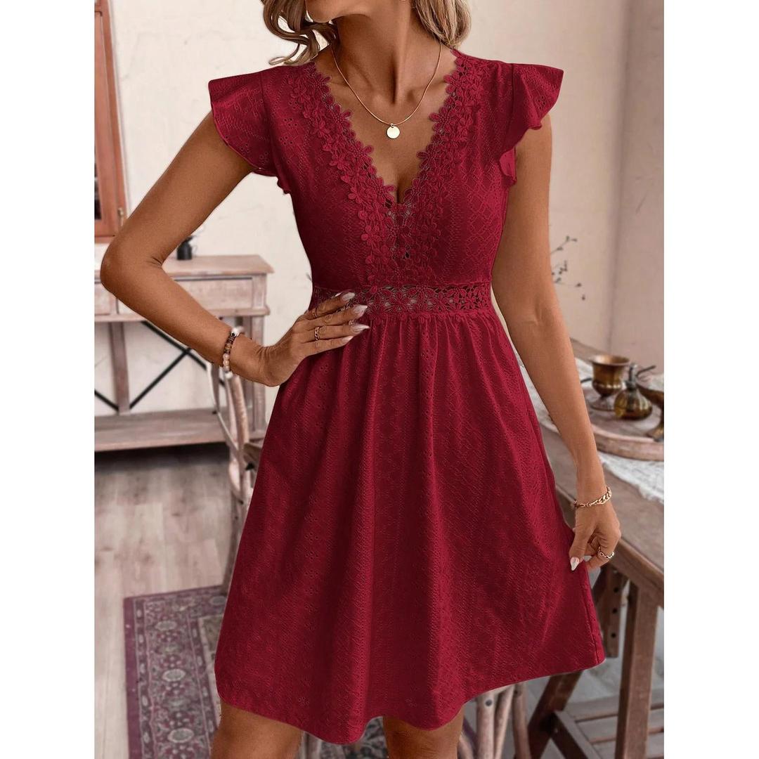 Women Midi Dress V-Neck Lace Waist Short Sleeve