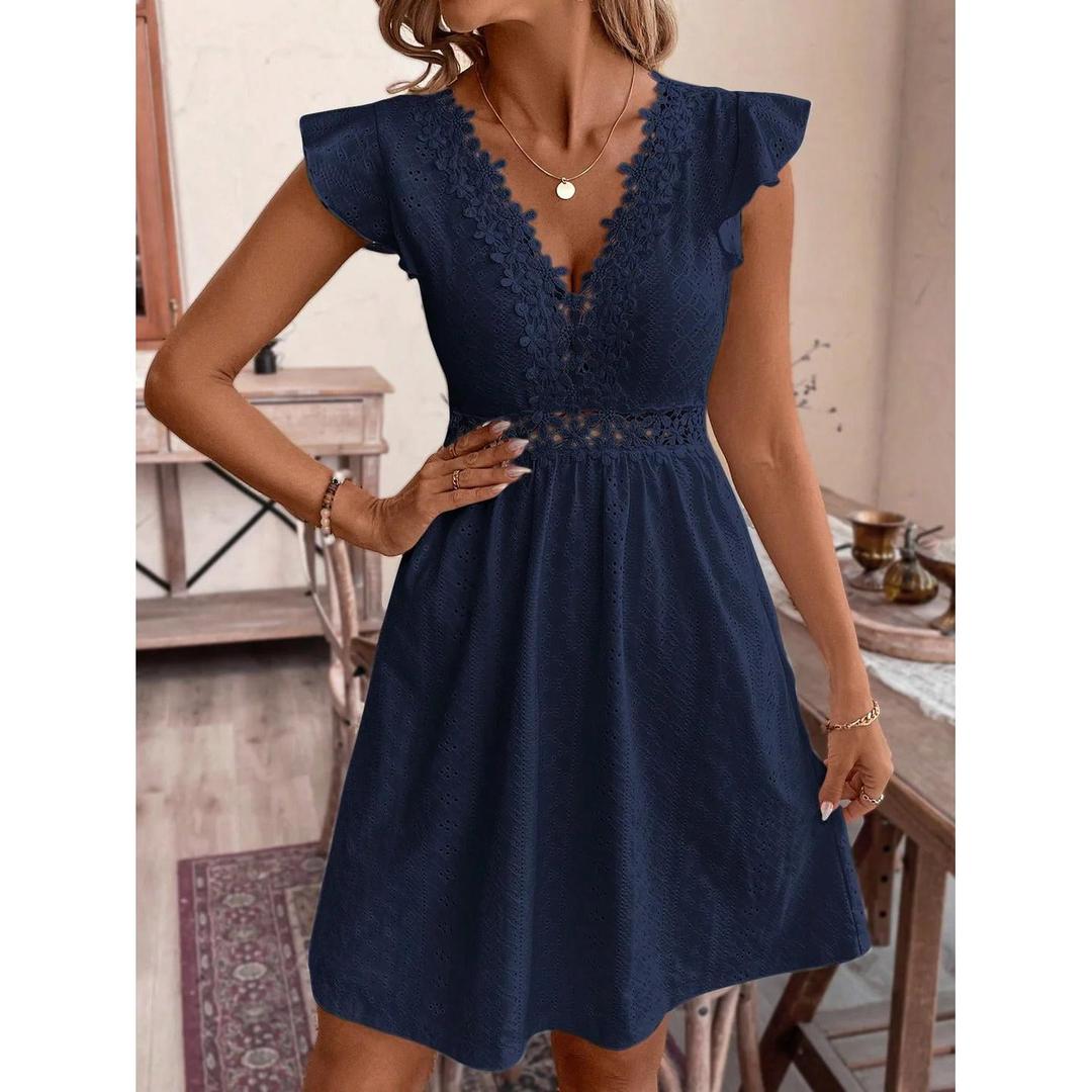 Women Midi Dress V-Neck Lace Waist Short Sleeve