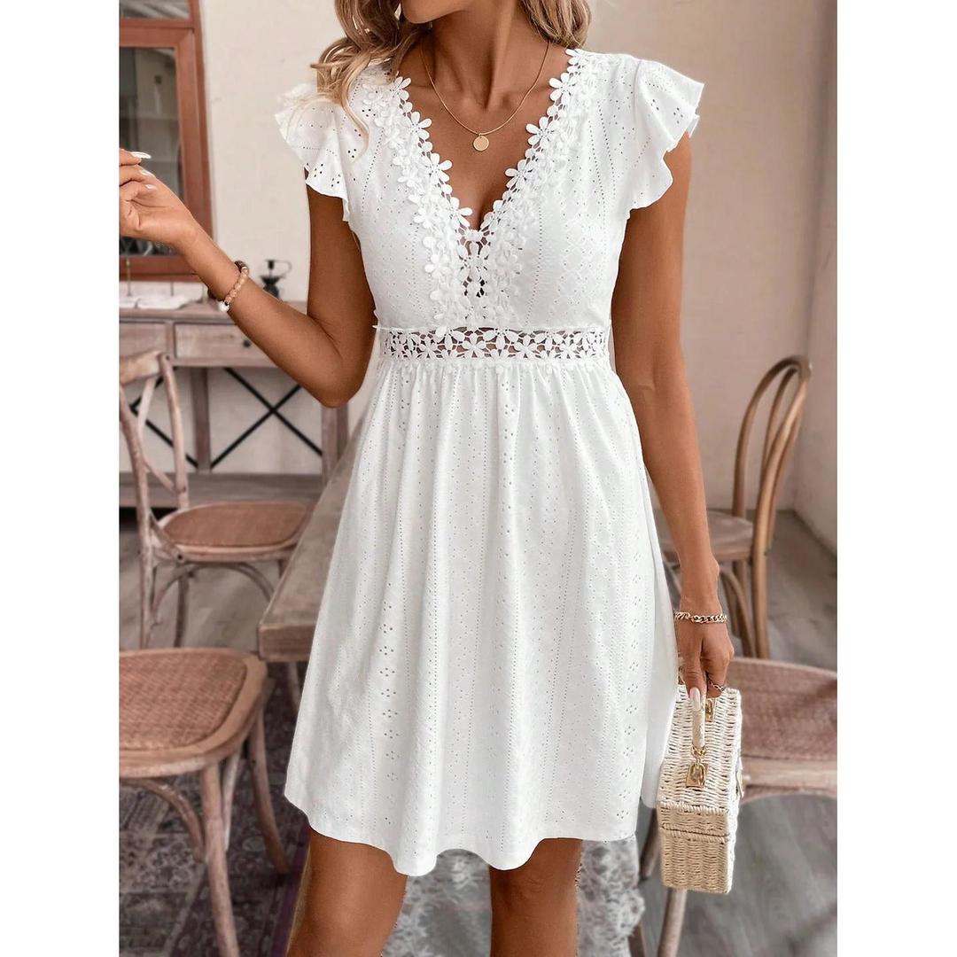 Women Midi Dress V-Neck Lace Waist Short Sleeve