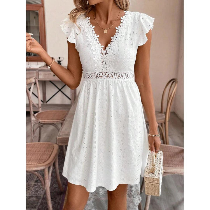 Women Midi Dress V-Neck Lace Waist Short Sleeve