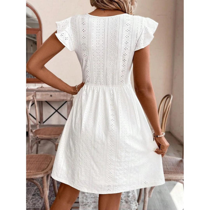 Women Midi Dress V-Neck Lace Waist Short Sleeve