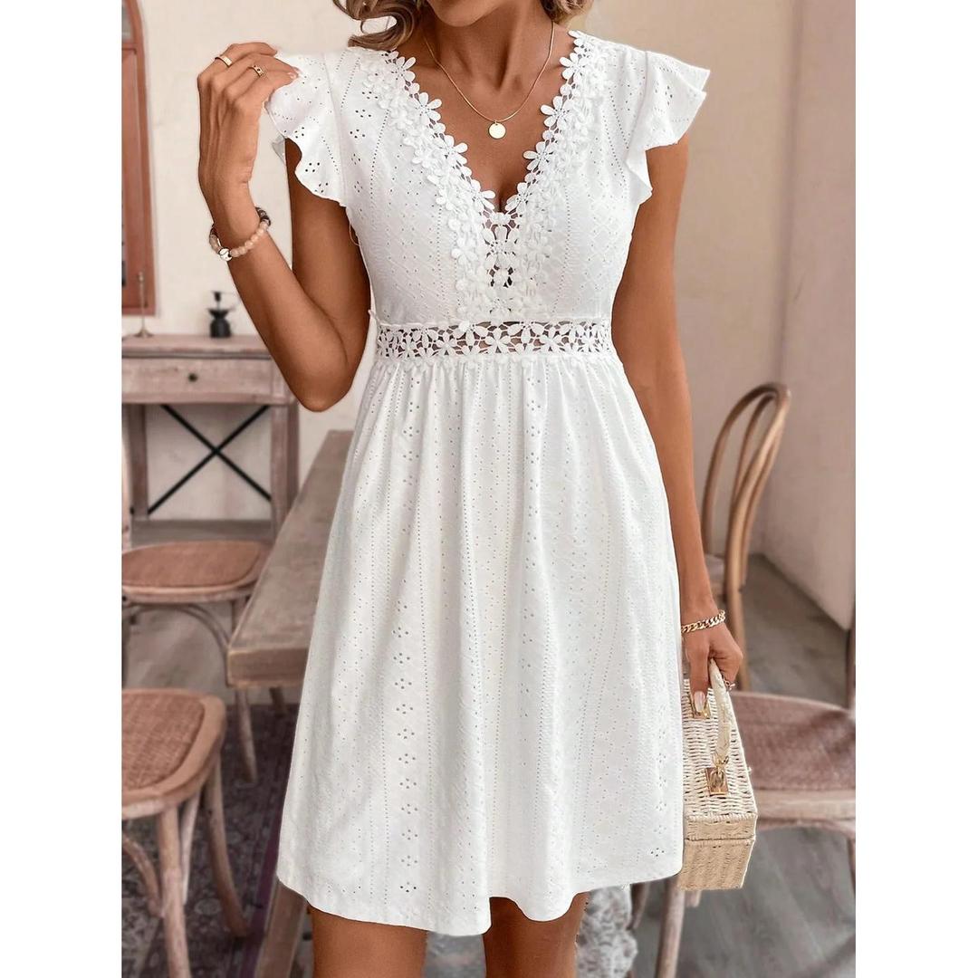 Women Midi Dress V-Neck Lace Waist Short Sleeve