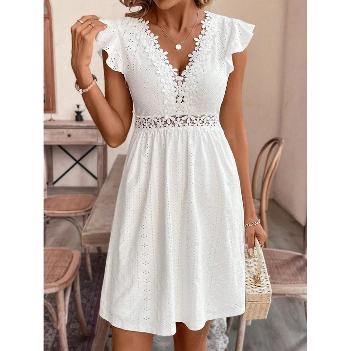 Women Midi Dress V-Neck Lace Waist Short Sleeve