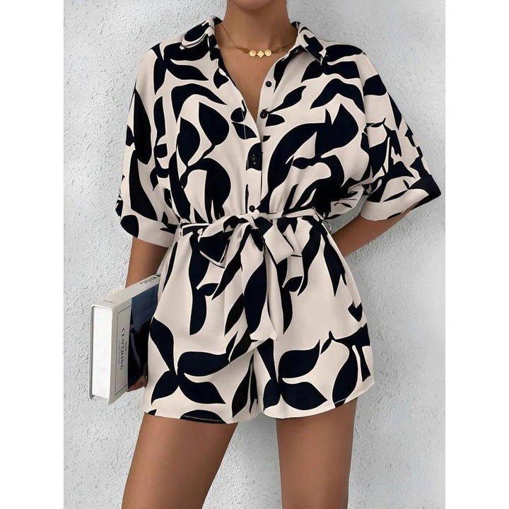 Women Playsuit Short Sleeve Printed Button Front Tie Waist