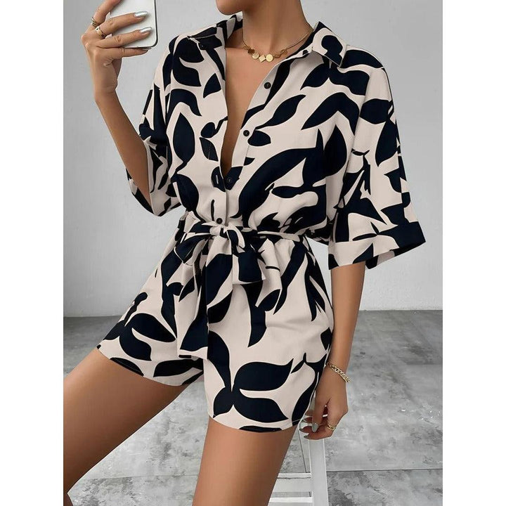Women Playsuit Short Sleeve Printed Button Front Tie Waist