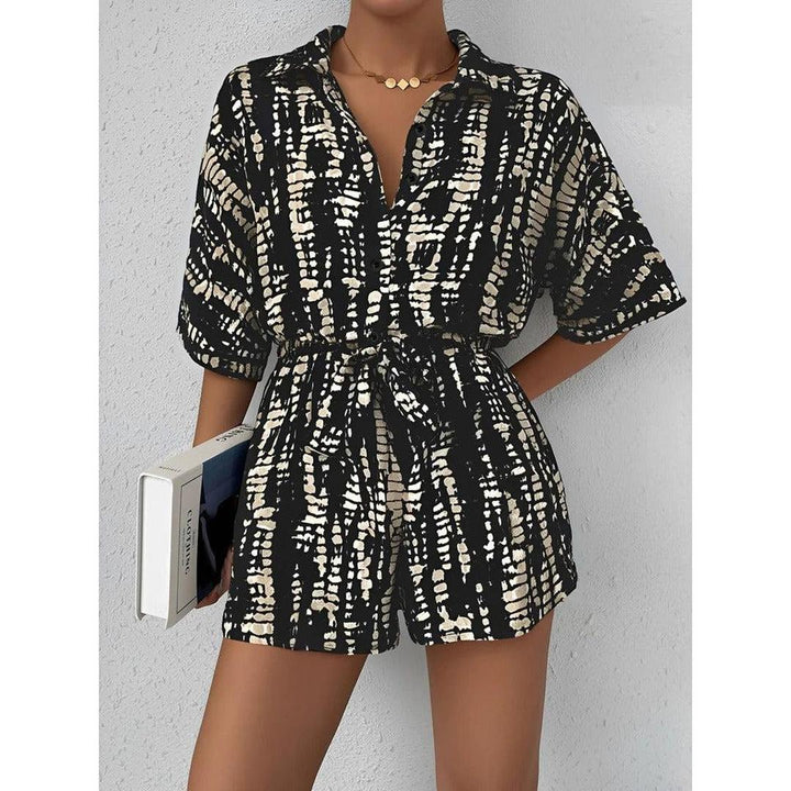Women Playsuit Short Sleeve Printed Button Front Tie Waist