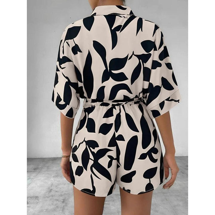 Women Playsuit Short Sleeve Printed Button Front Tie Waist