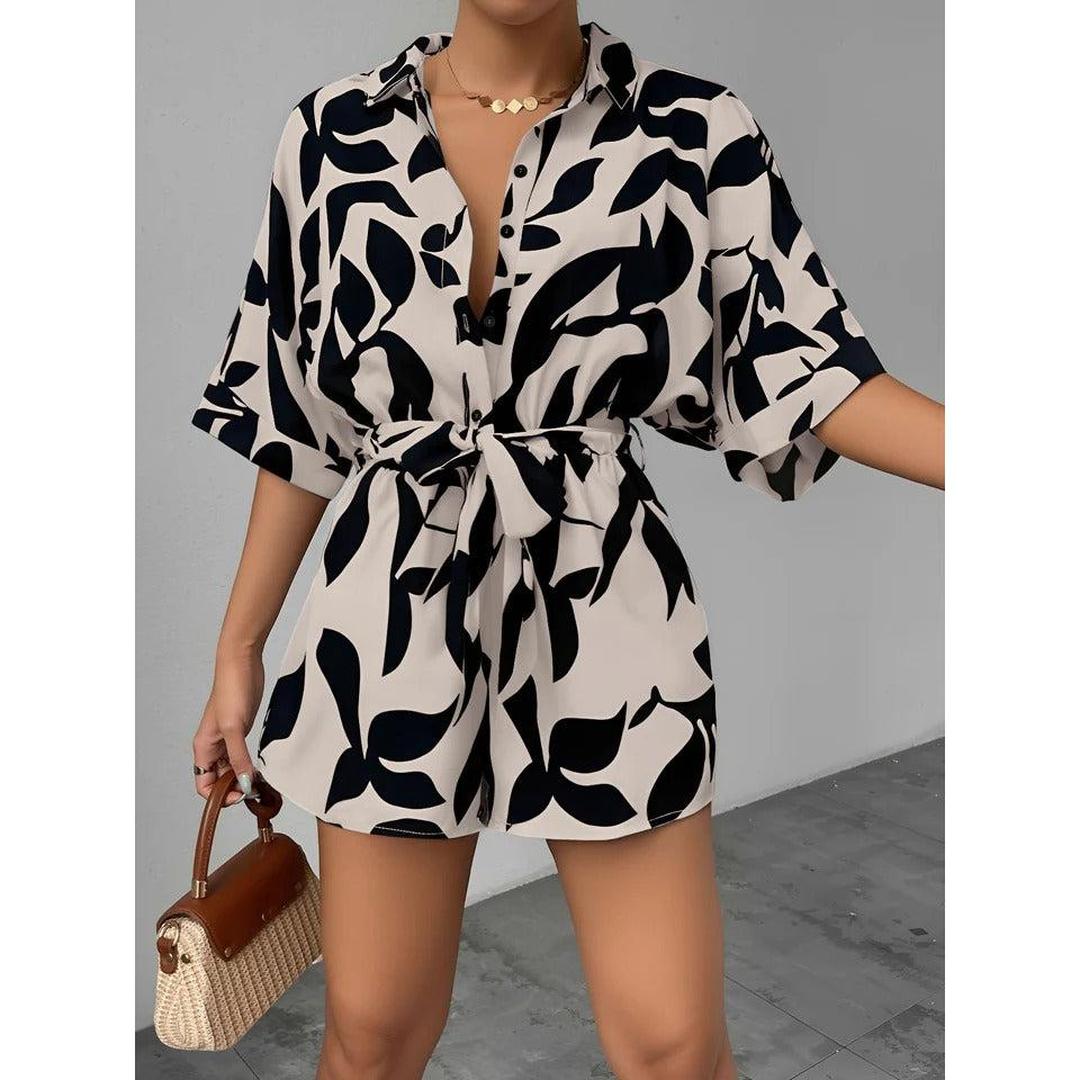 Women Playsuit Short Sleeve Printed Button Front Tie Waist