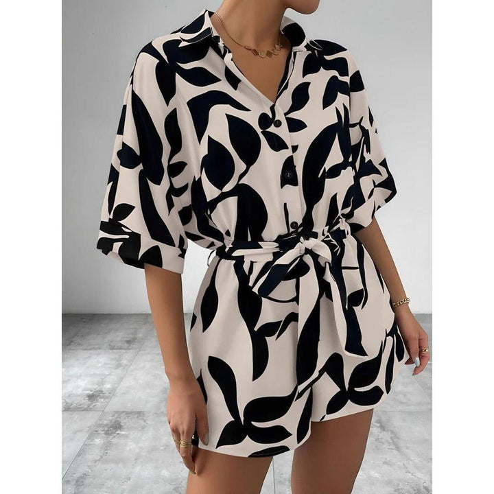 Women Playsuit Short Sleeve Printed Button Front Tie Waist