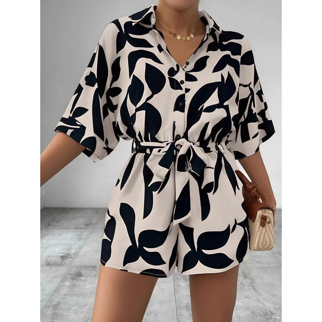 Women Playsuit Short Sleeve Printed Button Front Tie Waist
