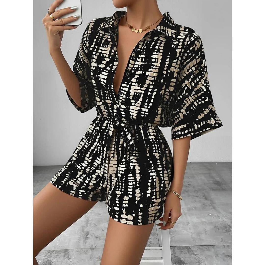 Women Playsuit Short Sleeve Printed Button Front Tie Waist