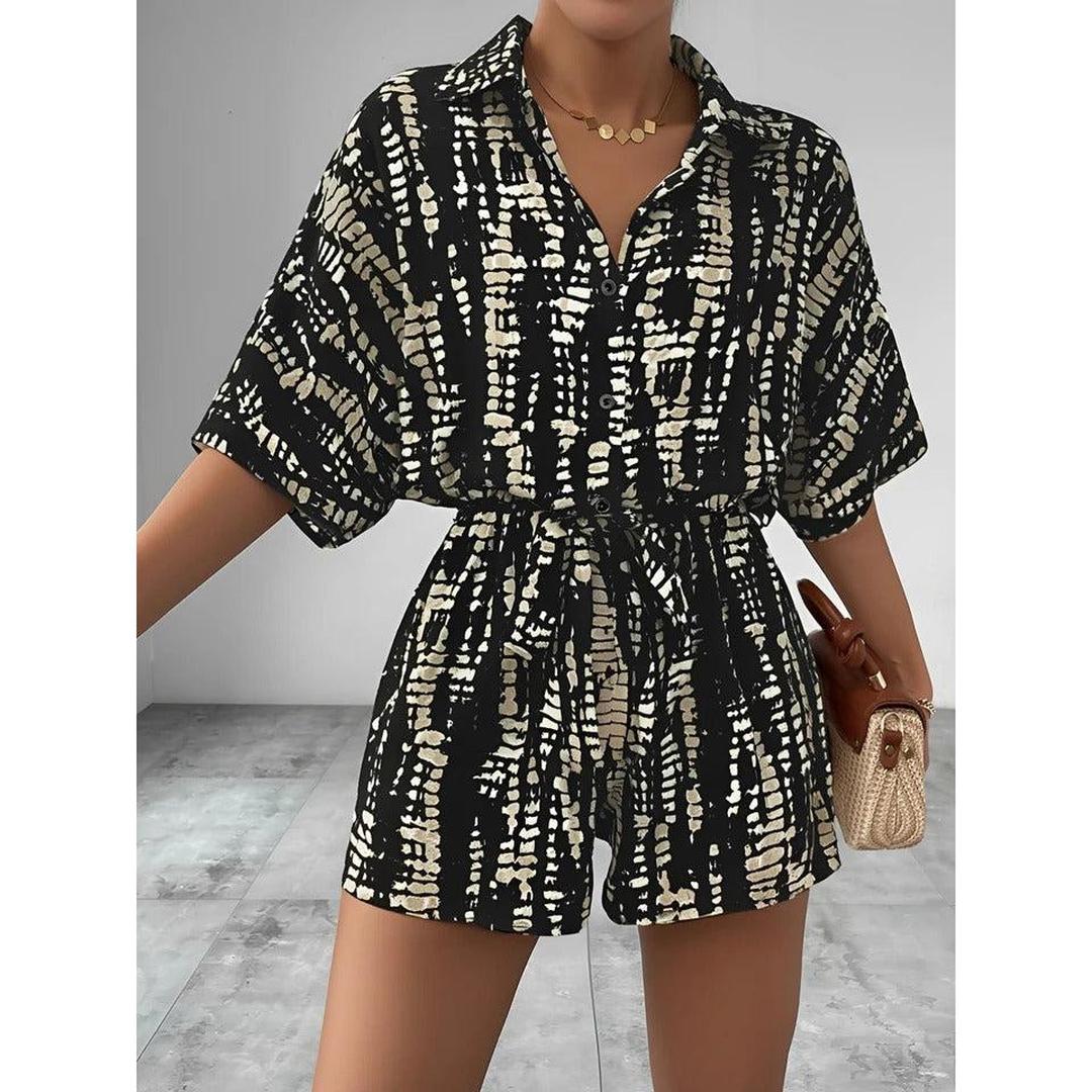 Women Playsuit Short Sleeve Printed Button Front Tie Waist