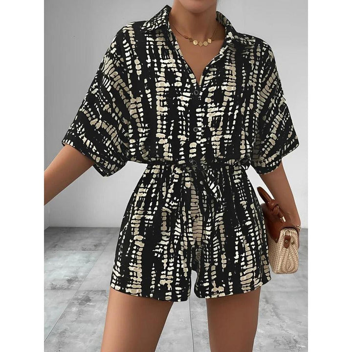 Women Playsuit Short Sleeve Printed Button Front Tie Waist