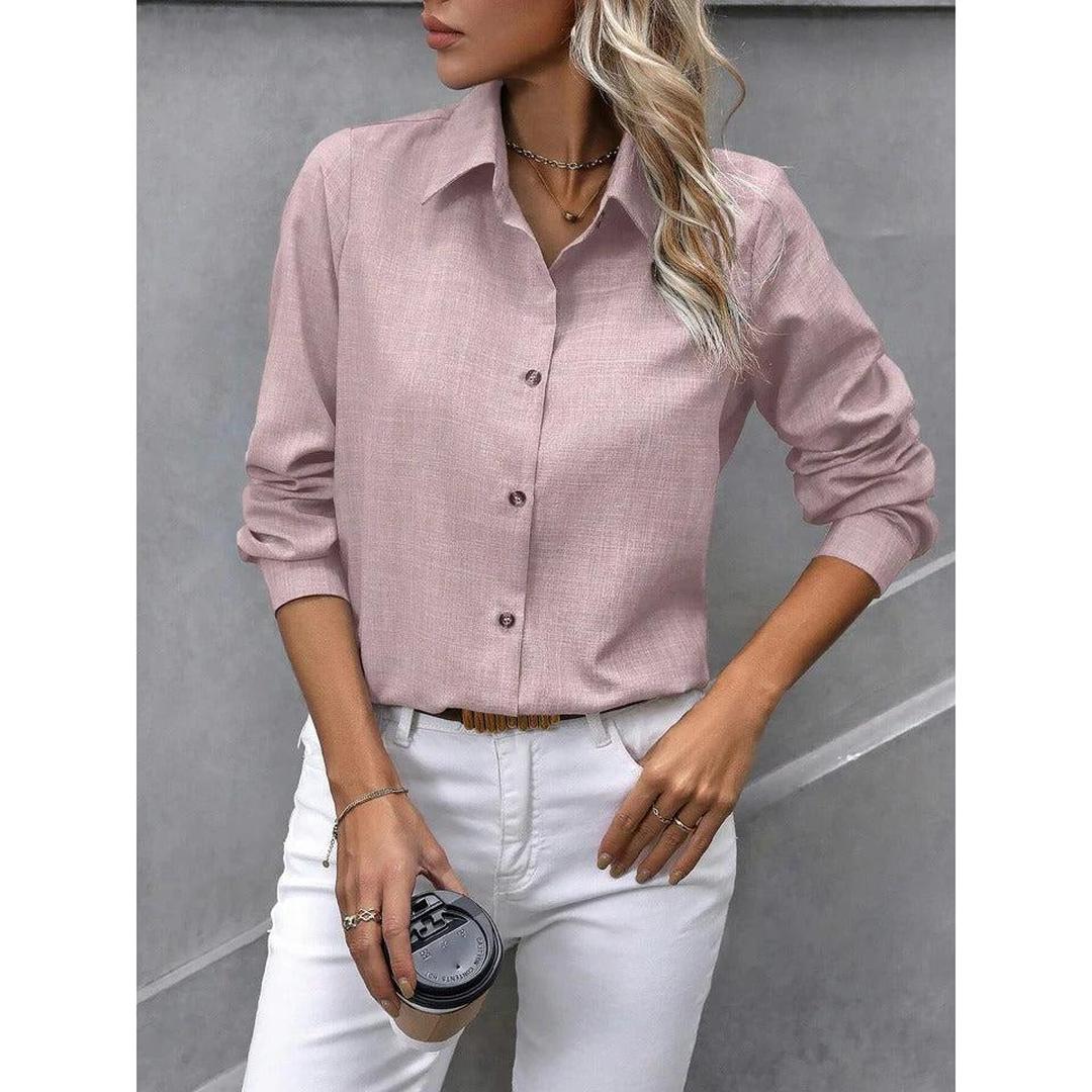Women Shirt Solid Color Button Front Collared Long Sleeve