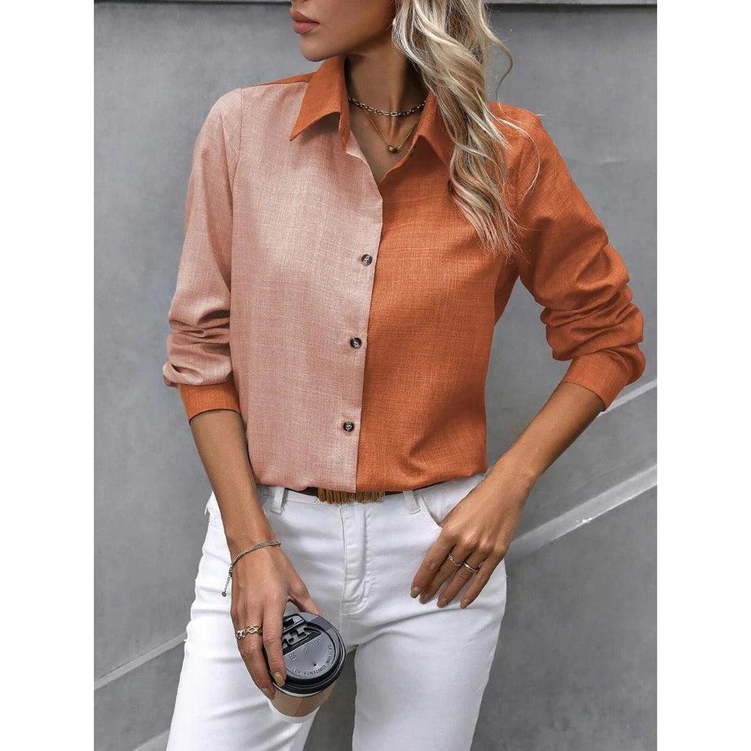 Women Shirt Solid Color Button Front Collared Long Sleeve