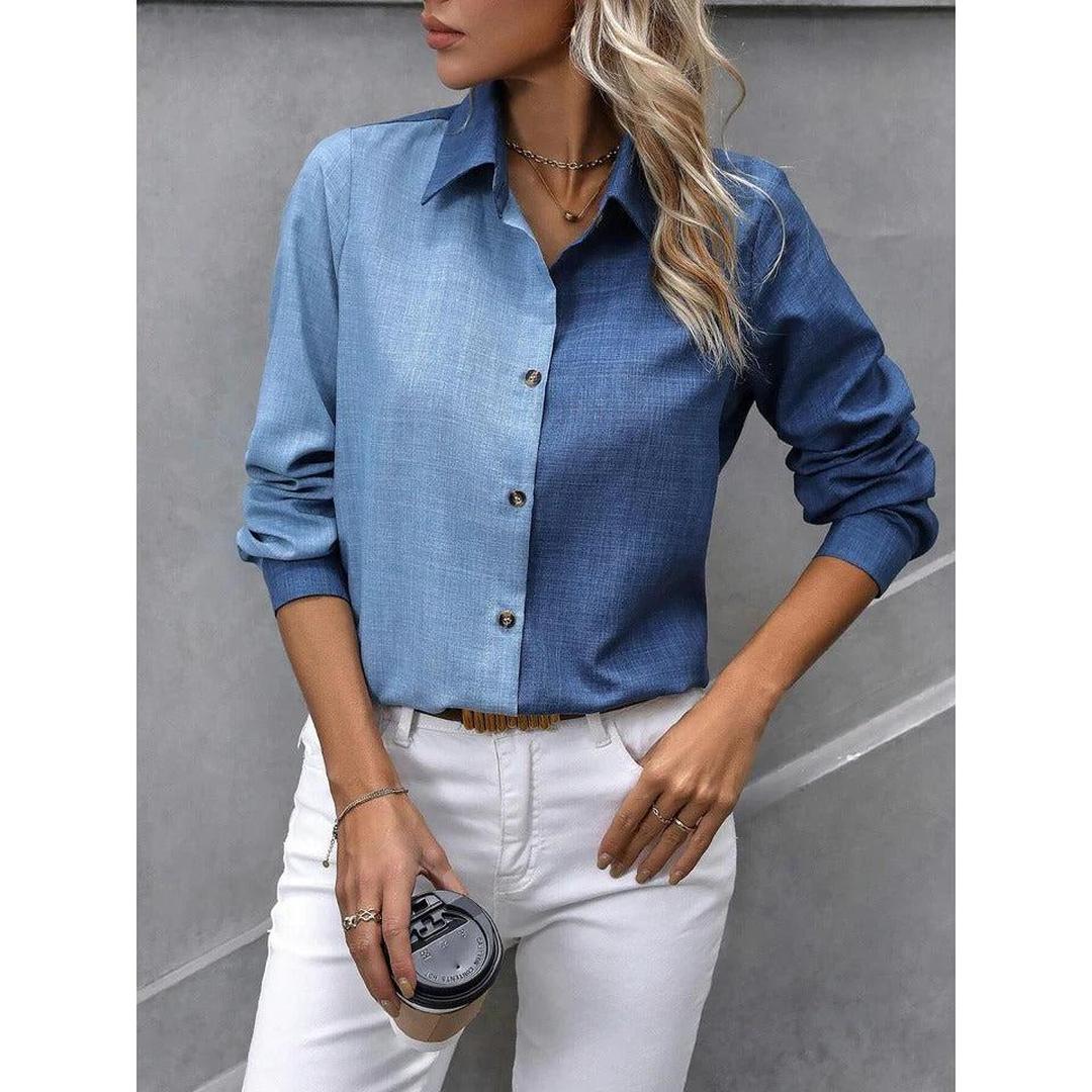 Women Shirt Solid Color Button Front Collared Long Sleeve