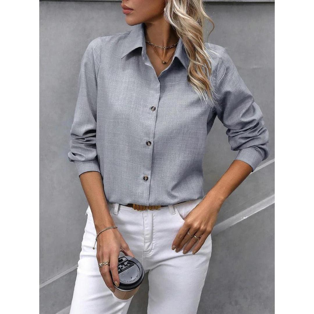 Women Shirt Solid Color Button Front Collared Long Sleeve