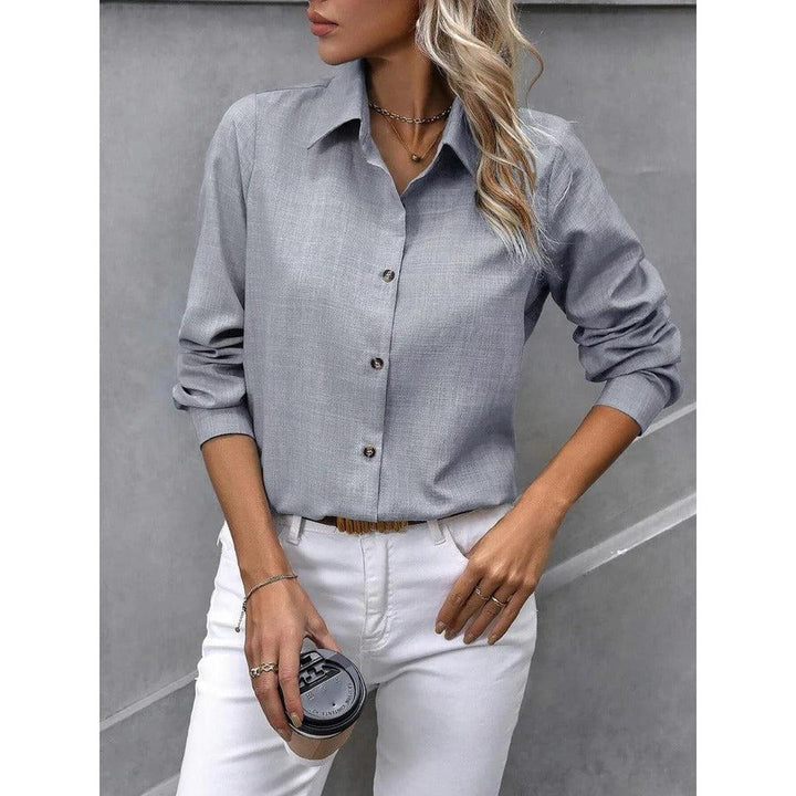 Women Shirt Solid Color Button Front Collared Long Sleeve
