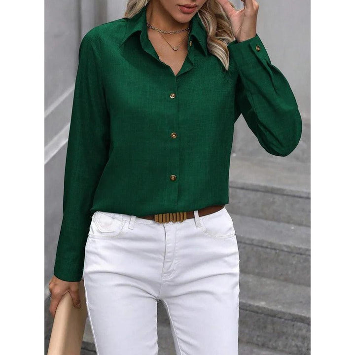 Women Shirt Solid Color Button Front Collared Long Sleeve