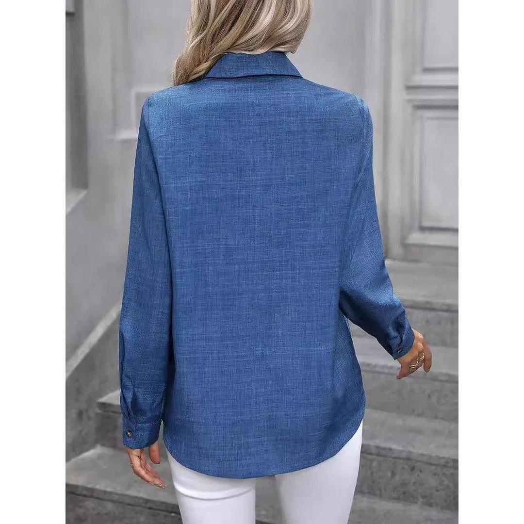 Women Shirt Solid Color Button Front Collared Long Sleeve