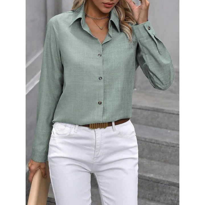 Women Shirt Solid Color Button Front Collared Long Sleeve