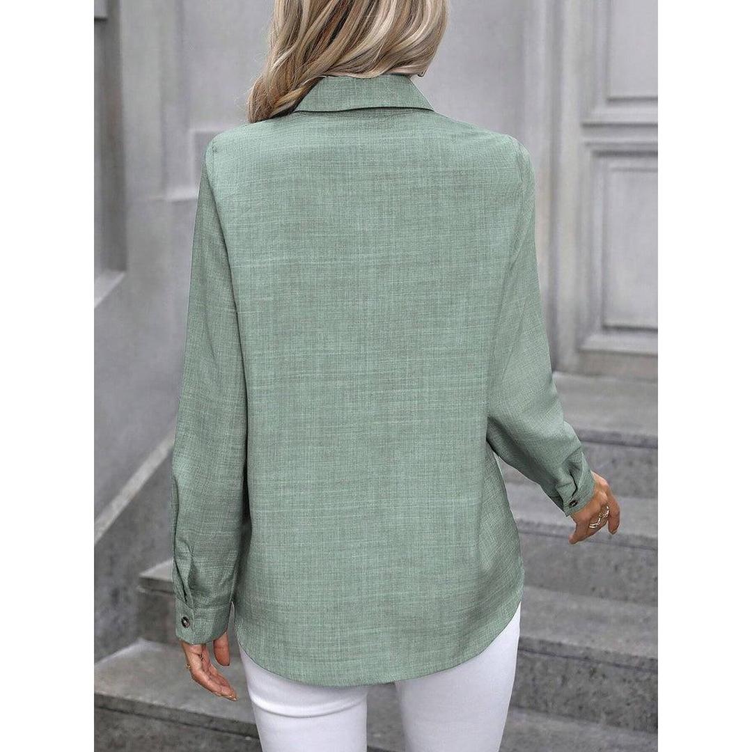 Women Shirt Solid Color Button Front Collared Long Sleeve