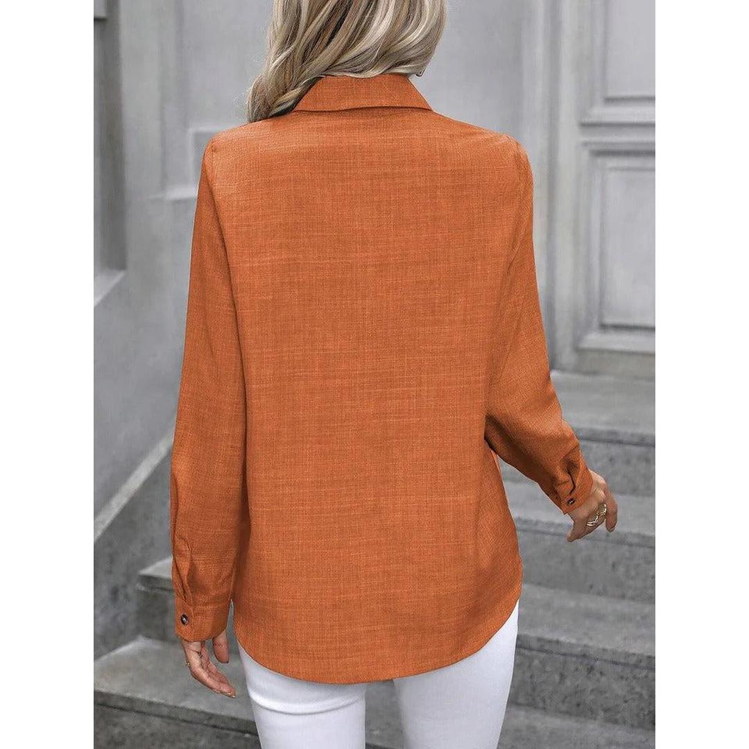 Women Shirt Solid Color Button Front Collared Long Sleeve