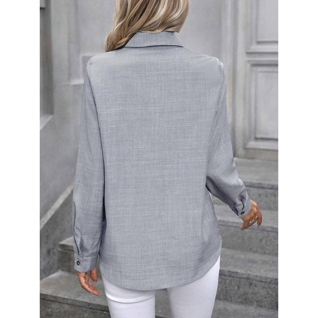 Women Shirt Solid Color Button Front Collared Long Sleeve