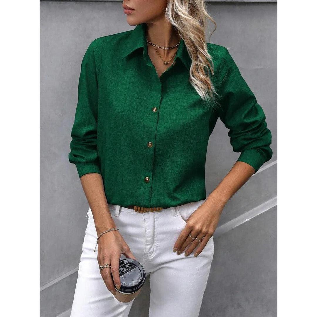 Women Shirt Solid Color Button Front Collared Long Sleeve