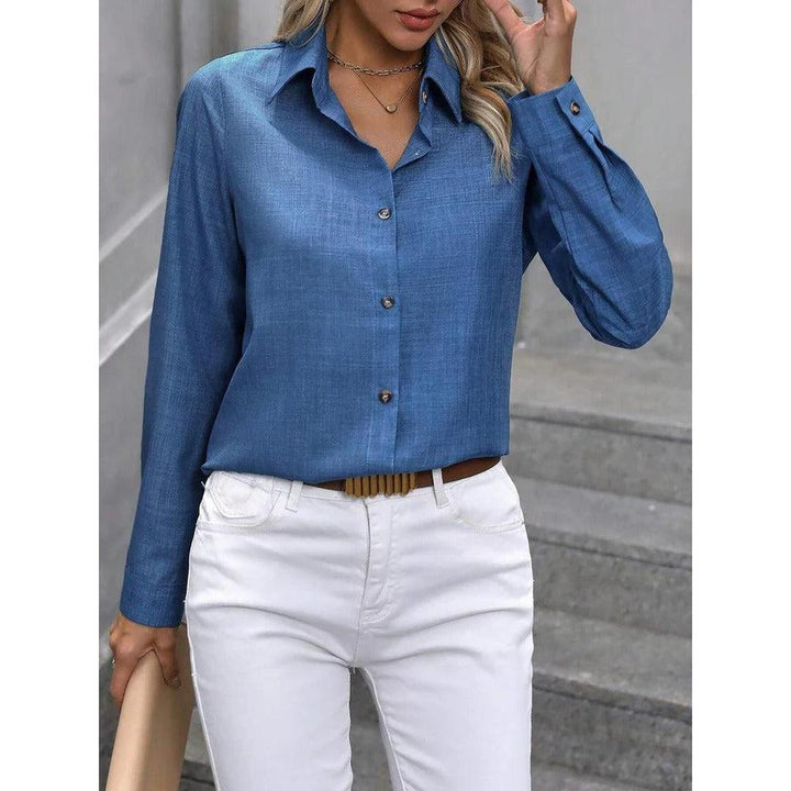 Women Shirt Solid Color Button Front Collared Long Sleeve