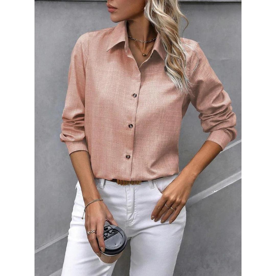 Women Shirt Solid Color Button Front Collared Long Sleeve