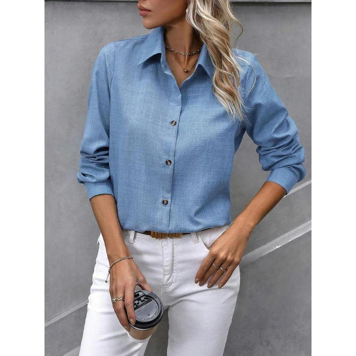 Women Shirt Solid Color Button Front Collared Long Sleeve