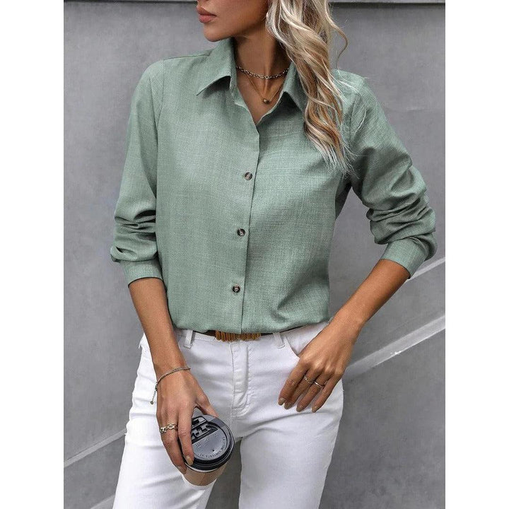 Women Shirt Solid Color Button Front Collared Long Sleeve