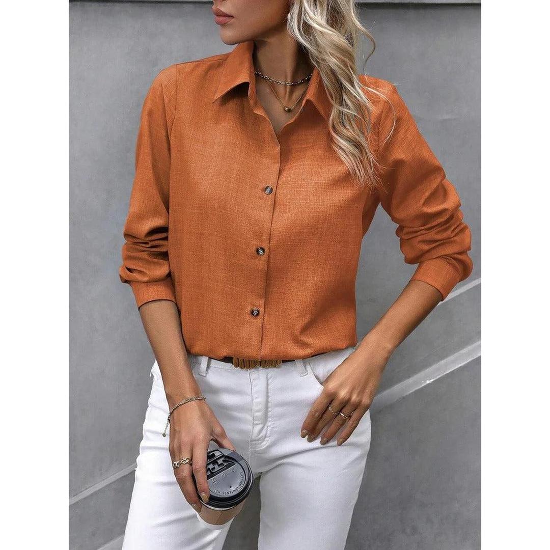 Women Shirt Solid Color Button Front Collared Long Sleeve