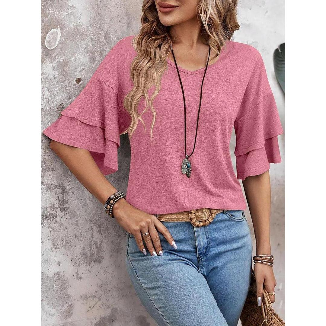 Women Shirt V Neck Layered Sleeve
