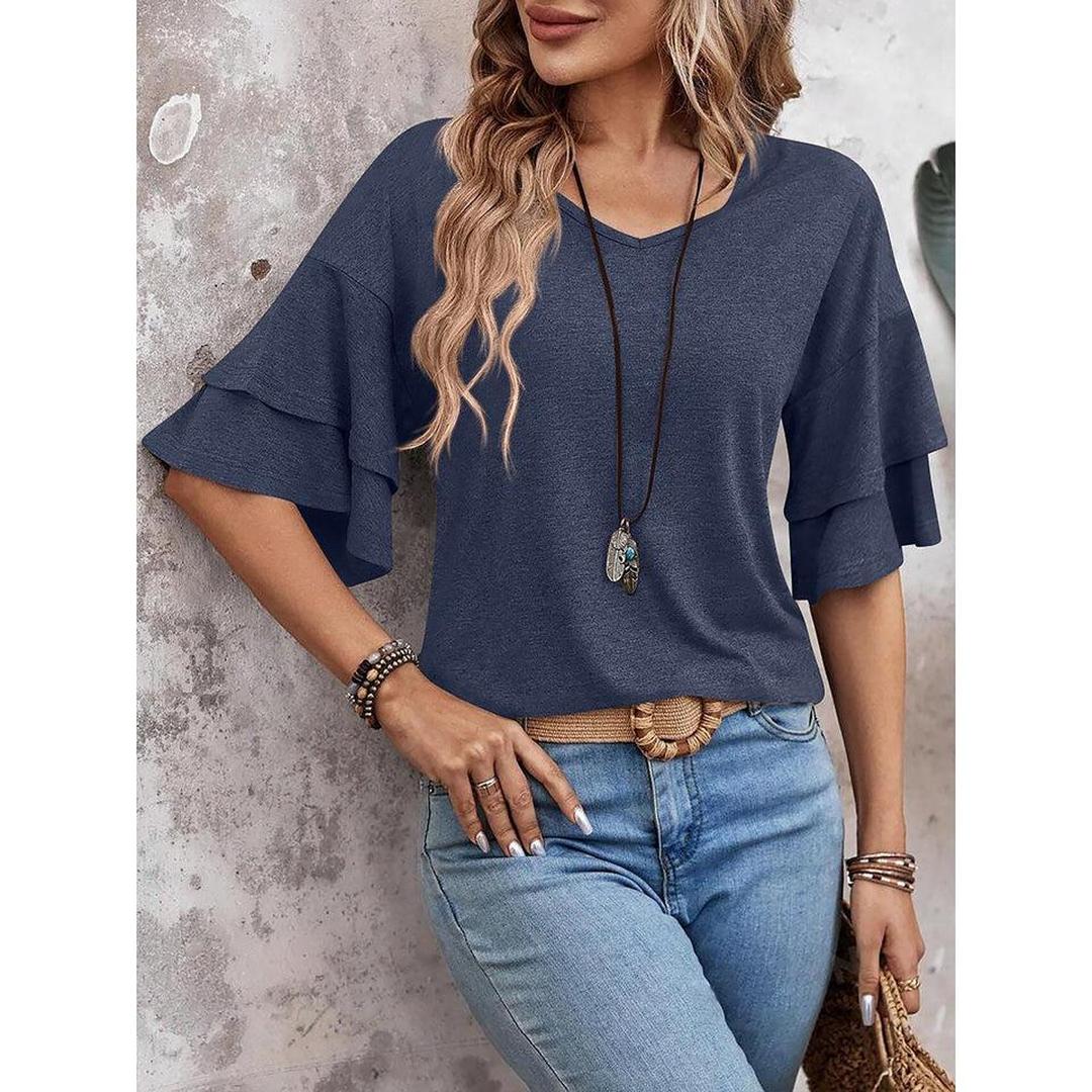 Women Shirt V Neck Layered Sleeve
