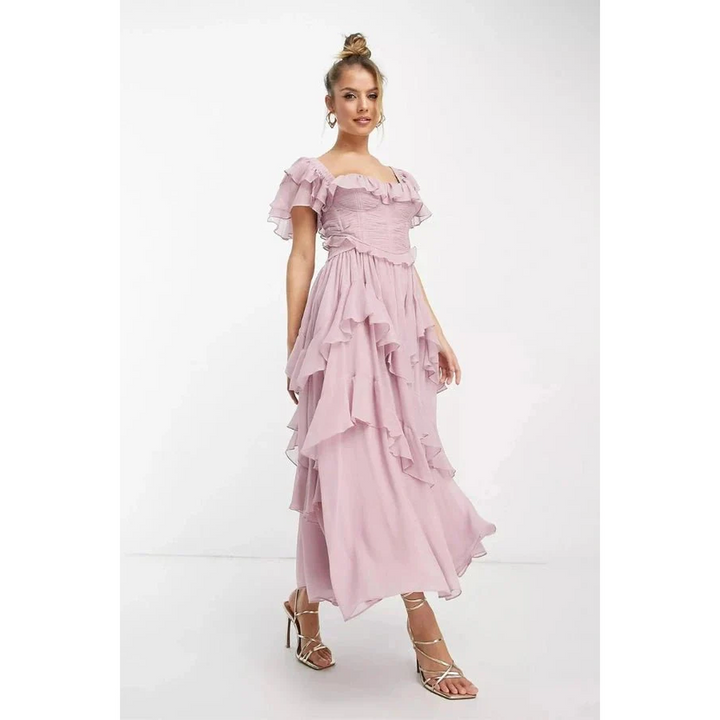 Women Short Sleeve Midi Dress Ruffle Tiered Skirt