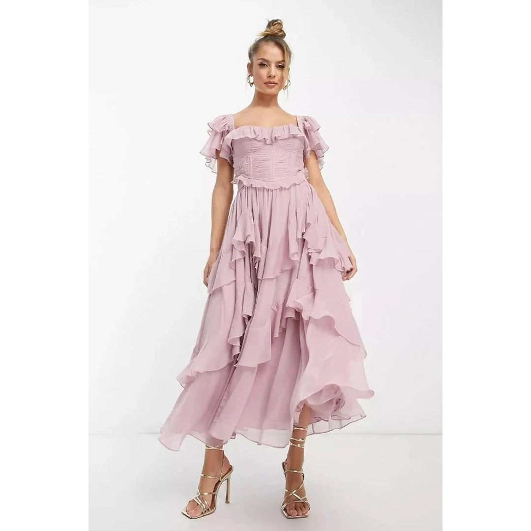 Women Short Sleeve Midi Dress Ruffle Tiered Skirt