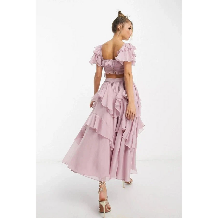 Women Short Sleeve Midi Dress Ruffle Tiered Skirt